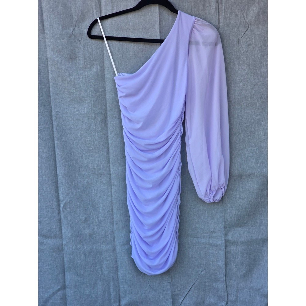 Hello Molly Lilac Ruched One Shoulder Mini Dress Sheer Long Sleeve Purple XS
